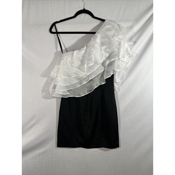 NEW $298 IEENA Mac Duggal [ 4 ] Dramatic Ruffle Cocktail Mini Dress Black‎ White - Picture 12 of 14